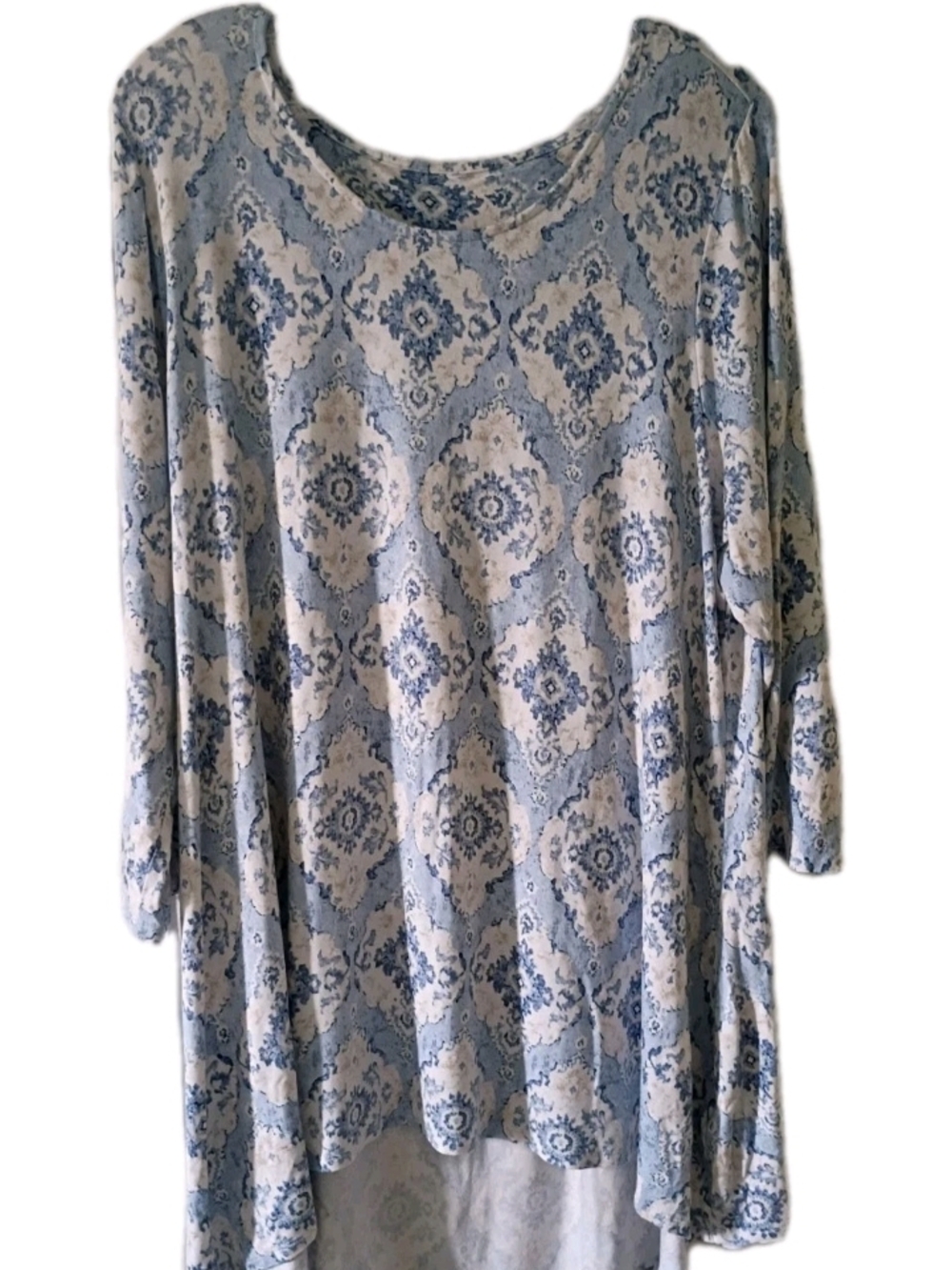 Blue and Cream Printed Long-Sleeve Tunic Top